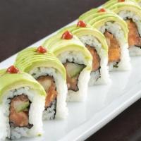 Zonie Roll* · Spicy salmon, cucumber, rolled and topped with avocado and Sriracha