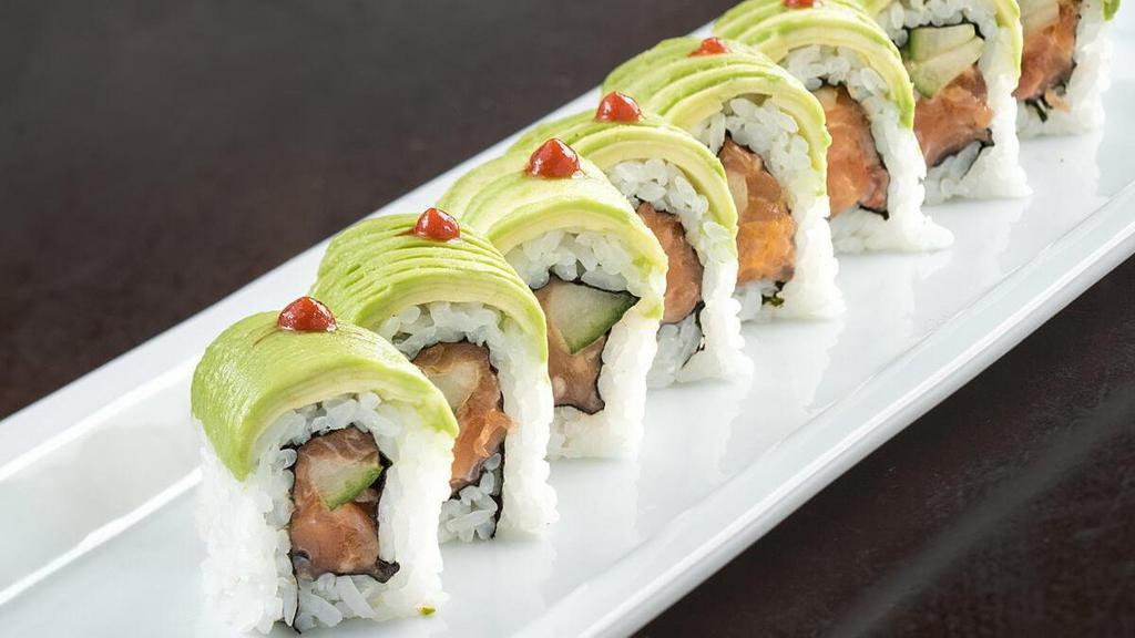 Zonie Roll* · Spicy salmon, cucumber, rolled and topped with avocado and Sriracha