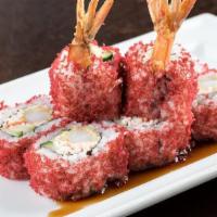 Crunchy Shrimp Tempura Roll · Shrimp tempura, spicy krab† mix and cucumber rolled and topped with red tempura bits; served...