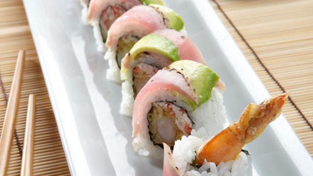 Ultimate Shrimp Tempura Roll* · Shrimp tempura with spicy krab† mix and cucumber, rolled and topped with seared tuna and avocado