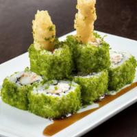 Crunchy Calamari Roll · Calamari tempura, krab† mix and cream cheese rolled and topped with green tempura bits; serv...