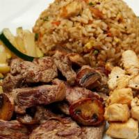 Hibachi Steak & Chicken · Served with hibachi vegetables, “RA”ckin’ Fried Rice and homemade dipping sauces.