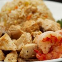 Hibachi Chicken & Colossal Shrimp · Served with hibachi vegetables, “RA”ckin’ Fried Rice and homemade dipping sauces.