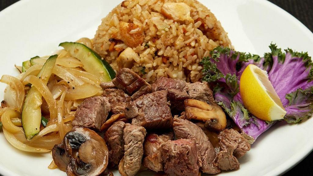 Hibachi Filet Mignon · Served with hibachi vegetables, “RA”ckin’ Fried Rice and homemade dipping sauces.