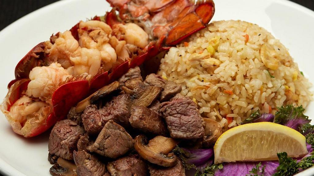 Fliet Mignon & Lobster · Filet mignon* and cold water lobster tail grilled with lemon. Served with hibachi vegetables, “RA”ckin’ Fried Rice and homemade dipping sauces.