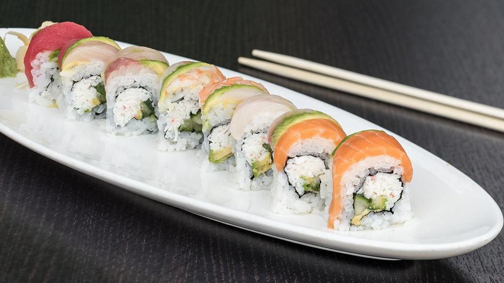 Rainbow Roll* · The classic California Roll† topped with tuna, yellowtail, shrimp, salmon and avocado to look like a rainbow