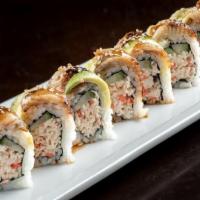 Dragon Roll · Krab† mix and cucumber rolled in seaweed and rice; topped with freshwater eel, avocado slice...