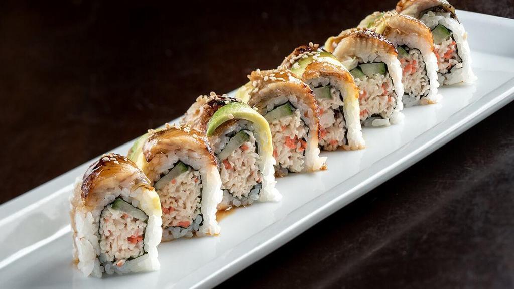 Dragon Roll · Krab† mix and cucumber rolled in seaweed and rice; topped with freshwater eel, avocado slices, and sesame seeds.