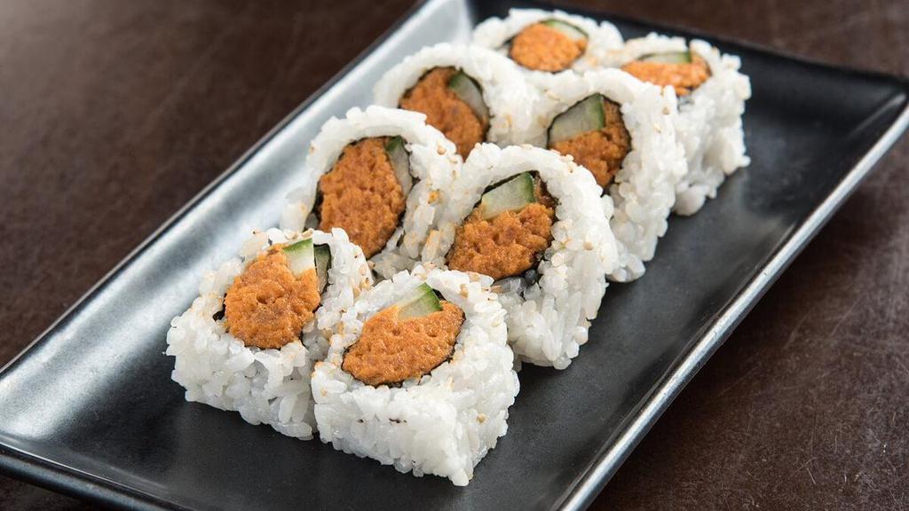 Spicy Tuna Roll* · Fresh tuna mixed with spicy mayo sauce, combined with cucumber and rolled in seaweed and rice