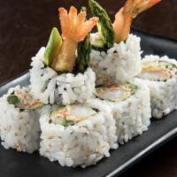 Shrimp Tempura Roll · Tempura fried shrimp, krab† mix, asparagus, avocado and cucumber rolled first in seaweed, th...