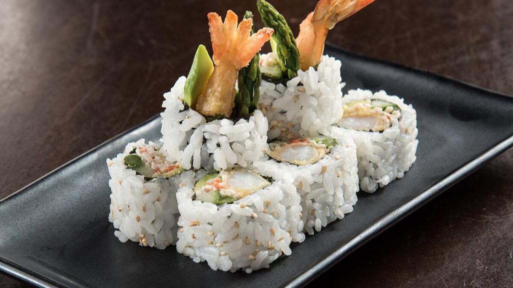 Shrimp Tempura Roll · Tempura fried shrimp, krab† mix, asparagus, avocado and cucumber rolled first in seaweed, then rice. FOR EVERY PURCHASE OF THIS ITEM, $2 WILL BE DONATED TO ST. JUDE.