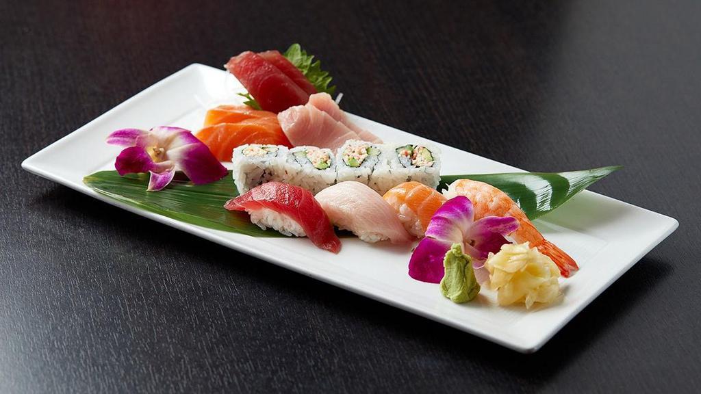 Sushi & Sashimi Combination · Half California Roll† , two slices of each: tuna, salmon and yellowtail' served with a piece of salmon, yellowtail, tuna and shrimp nigiri.