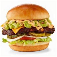 Southwestern Black Bean Burger · Black bean burger topped with cheddar cheese, guacamole, Southwestern Ranch, lettuce, tomato...