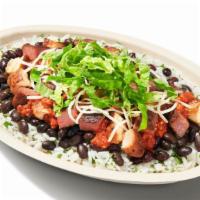 High Protein Bowl · White Rice, Chicken, Steak, Black Beans, Tomatillo-Red Chili Salsa, Cheese and Shredded Roma...