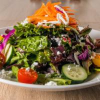 Mix Green Salad · Organic Mixed Green, Grape Tomatoes, Cucumbers, Feta Cheese, Lemon & Olive Oil Dressing.
