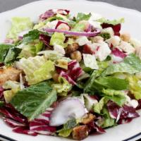 Chicory Chopped Salad · Romaine, radicchio, endive, mozzarella, salami, chickpeas, green olives, mint, parsley, red ...