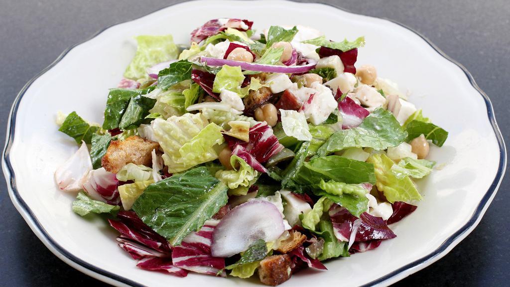 Chicory Chopped Salad · Romaine, radicchio, endive, mozzarella, salami, chickpeas, green olives, mint, parsley, red wine vinaigrette.