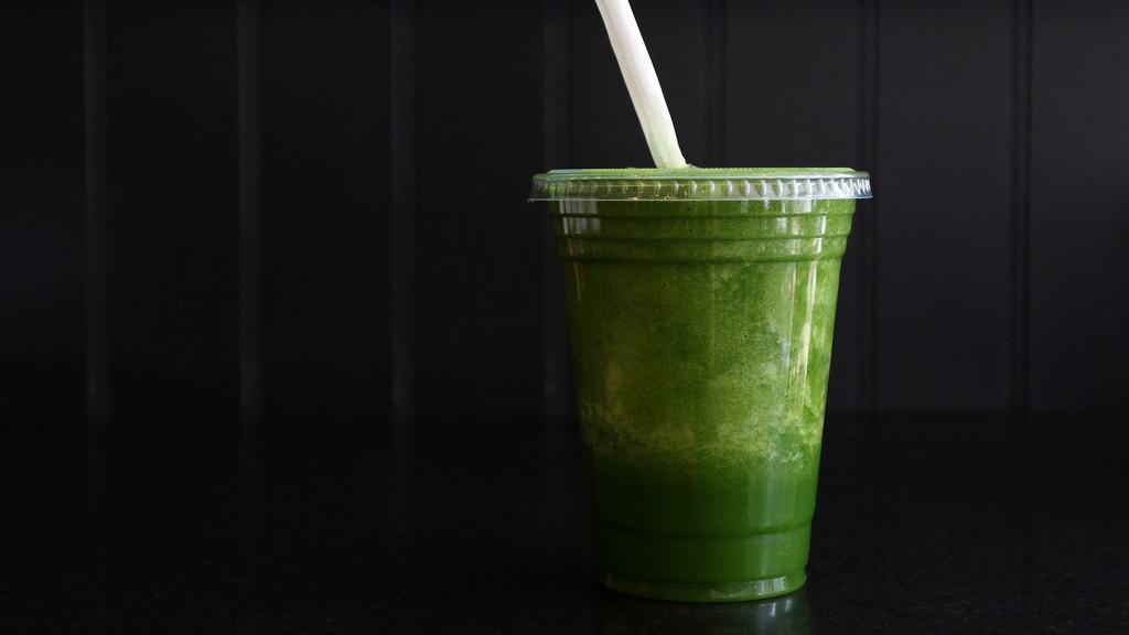 Smoothies · Organic Dino kale, spinach, green apple and cucumber blended together with lemon juice, a drop of agave and ice. Retains all the fiber from the veggies and fruit.