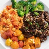 Kimchi Beef Bowl · Packed with immunity boosters: Kimchi couscous, roasted ginger yams, roasted baby tomatoes, ...