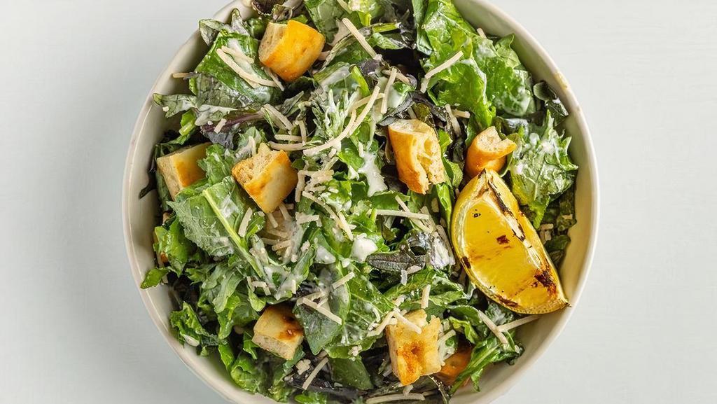 Kale Caesar  · Chopped kale tossed in our signature Caesar dressing with parmesan and grilled lemon | Add grilled tempeh (+$3.95) | 120-500 cals