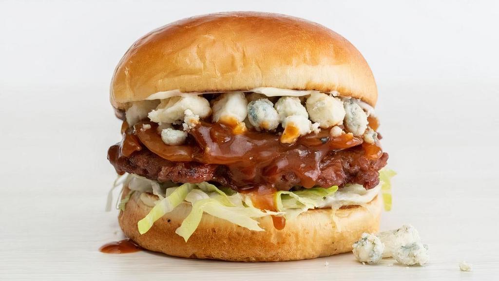 Steakhouse Burger · Beyond Burger, caramelized onion sauce, blue cheese crumbles, iceberg lettuce, and horseradish aioli served on a brioche bun | Add bacon (+$3.00) | Sub black bean mushroom burger - no charge | 400-700 cals