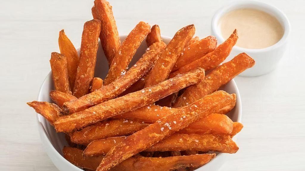 Sweet Potato Fries  · Serves 2 | Your choice of ketchup or chipotle aioli | 250-350 cals | Gluten-friendly.