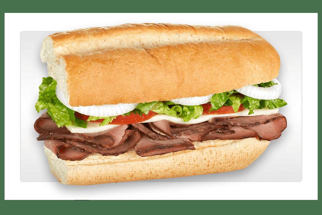 Roast Beef & Provolone · Thinly sliced, top-round roast beef and provolone made the BLIMPIE® WAY with tomatoes, lettuce, onion, vinegar, oil and oregano