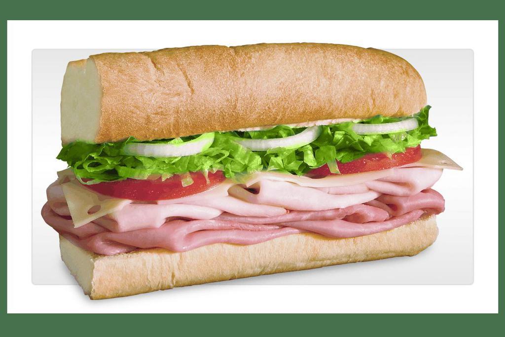 Club · Slow-cured ham, oven-roasted turkey and Swiss made the BLIMPIE® WAY with tomatoes, lettuce, onion, vinegar, oil and oregano
