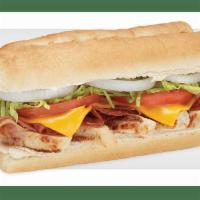 Chicken Cheddar Bacon Ranch · Grilled chicken breast, crisp bacon, smoked cheddar, tomatoes, lettuce and onion with ranch ...