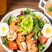 Salad with Grilled Shrimp · Green salad, cherry tomatoes, cucumber, red onions, carrots and hard boiled egg with citrus ...