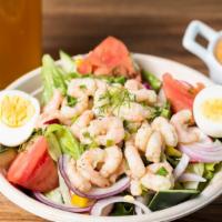Salad with Bay Shrimp · Green salad, cherry tomatoes, cucumber, red onions, carrots and hard boiled egg with citrus ...