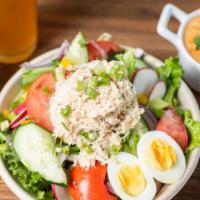 Salad with Tuna Salad · Green salad, cherry tomatoes, cucumber, red onions, carrots and hard boiled egg with citrus ...