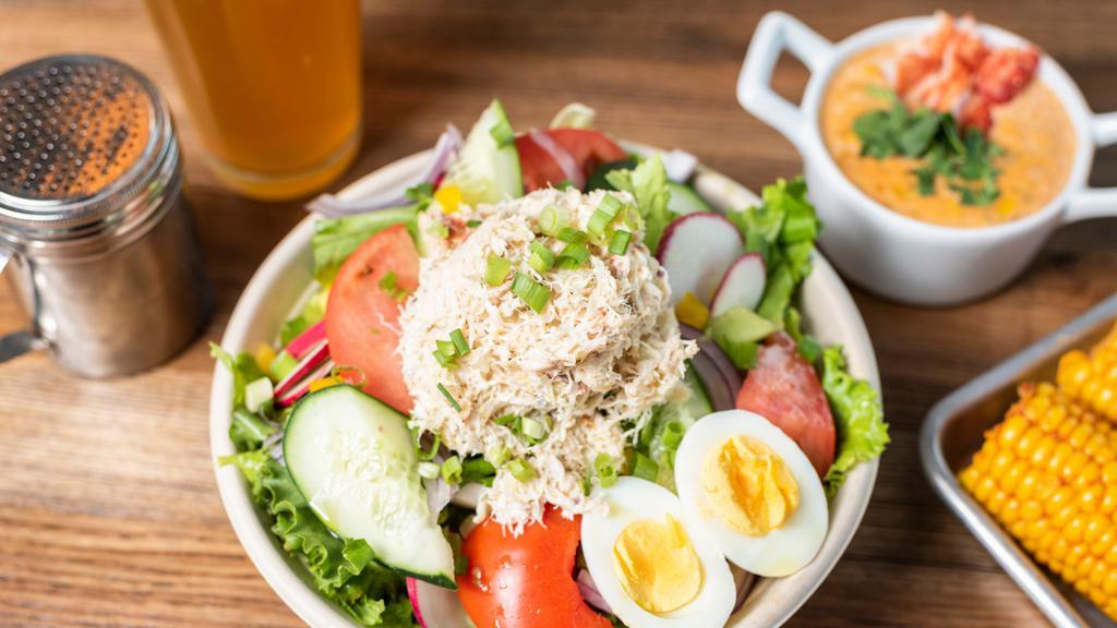 Salad with Tuna Salad · Green salad, cherry tomatoes, cucumber, red onions, carrots and hard boiled egg with citrus vinaigrette. Add avocado  for an additional price.