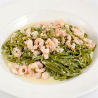 Catering Taglierini Verdi Con Gamberetti · Thin spinach pasta, shrimp, garlic, cream.