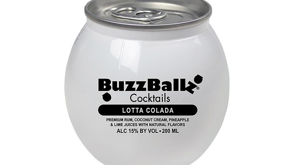 Buzzballz Lotta Colada (200 ml) · Escape to a getaway in your living room with the fresh, tropical flavors of a piña colada on the rocks. This premixed cocktail combines the sweet, natural flavors of pineapple and coconut to give you the taste of your favorite summer cocktail all year round