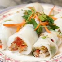 BBQ Pork Rice Noodle Roll · Rice noodle filled with BBQ pork, cilantro and shredded egg. Best served with mustard sauce.