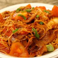 Chow Mein · Stir fried noodles with tomato. Choose from BBQ pork, beef, chicken, shrimp, or all of the a...