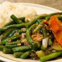 Vegetarian Options · Sauteed string beans, chow mein, and mixed vegetables with rice.