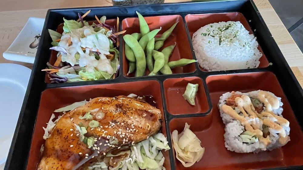 Dinner 2-Item Bento · 2 items, served with rice, salad, and soup.