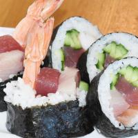 Crazy Horse · Cooked shrimp, hamachi tuna, salmon, cucumber, and kaiware.