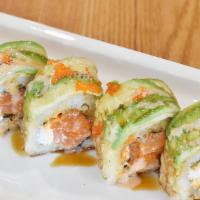 Godzilla · Spicy salmon, spicy hamachi, and cream cheese with avocado on top.