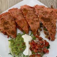 BBQ  Chx Quesadilla · With chipotle tortilla, BBQ sauce, chicken cheese, veg fajitas. lettuce, guacamole, pico de ...