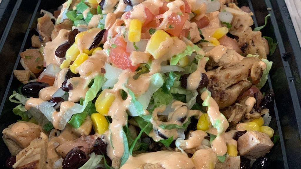 Chipotle Burrito Bowl · Cilantro lime rice, Black Beans, Pico de Gallo, Lettuce, Corn, Your choice of meat and Topped with Chipotle Ranch