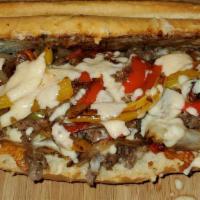 Philly Cheese Steaks · Ingredients: Mozzarella Cheese, Bell Peppers,Grilled Onions, On A 8 inch French Bread Roll.