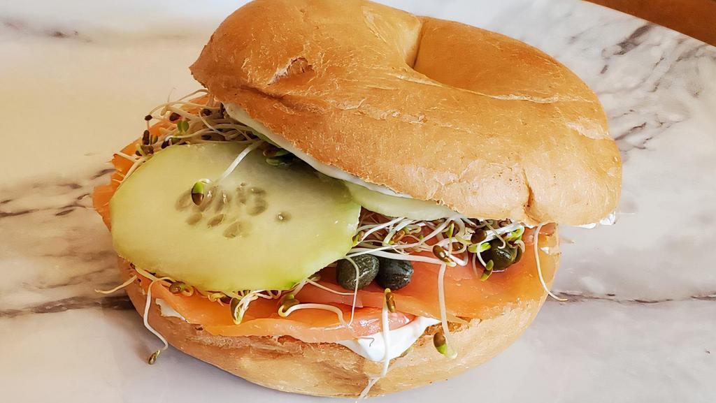 Lox Bagel · Smoked salmon, cream cheese, sprouts, cucumber, and capers.