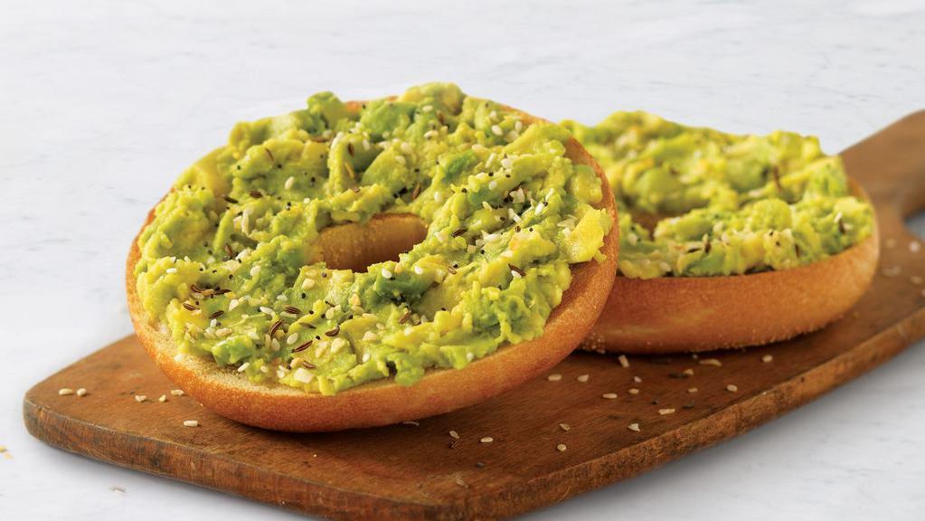 Avocado Toast · Choice of bagel with shmear of avocado and our mix of sesame seeds, poppy seeds, onion, garlic, caraway seeds, kosher salt, and black pepper.