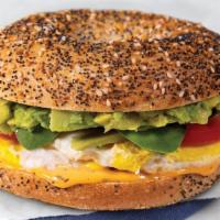 Garden Avocado · Cage-free egg, avocado, tomato, spinach and roasted tomato spread on an Everything Bagel.