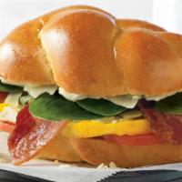 Breakfast BLT · Cage-free egg, bacon, spinach, tomato, Parmesan mayo on challah.