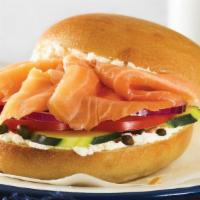 Nova Lox · Cucumber, tomato, red onion, capers with plain shmear on choice of bagel. Comes with a bag o...