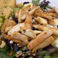 Embarcadero Salad · An entrée salad with spring mix, grilled chicken, pears, apples, walnuts, dried fruit and bl...